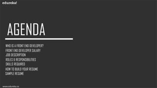 WHO IS A FRONT END DEVELOPER?
FRONT END DEVELOPER SALARY
SKILLS REQUIRED
JOB DESCRIPTION
SAMPLE RESUME
ROLES & RESPONSIBILITIES
www.edureka.co
HOW TO BUILD YOUR RESUME
 