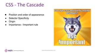 www.webstackacademy.com
CSS - The Cascade
● Position and order of appearance
● Selector Specificity
● Origin
● Importance - !important rule
 