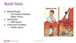 www.webstackacademy.com
Build Tools
● Module Bundler
○ Vite, Esbuild, Webpack,
Rollup, Parcel
● Task Runner
○ NPM Scripts
● Linters and Formatters
○ Prettier, EsLint
 