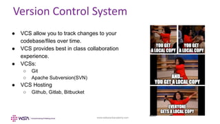 www.webstackacademy.com
Version Control System
● VCS allow you to track changes to your
codebase/files over time.
● VCS provides best in class collaboration
experience.
● VCSs:
○ Git
○ Apache Subversion(SVN)
● VCS Hosting
○ Github, Gitlab, Bitbucket
 