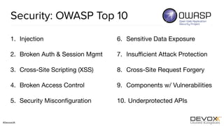 #DevoxxUK
Security: OWASP Top 10
1. Injection

2. Broken Auth & Session Mgmt

3. Cross-Site Scripting (XSS)

4. Broken Access Control

5. Security Misconﬁguration

6. Sensitive Data Exposure

7. Insuﬃcient Attack Protection

8. Cross-Site Request Forgery

9. Components w/ Vulnerabilities

10. Underprotected APIs
 