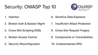 Security: OWASP Top 10
1. Injection

2. Broken Auth & Session Mgmt

3. Cross-Site Scripting (XSS)

4. Broken Access Control

5. Security Misconﬁguration

6. Sensitive Data Exposure

7. Insuﬃcient Attack Protection

8. Cross-Site Request Forgery

9. Components w/ Vulnerabilities

10. Underprotected APIs
 