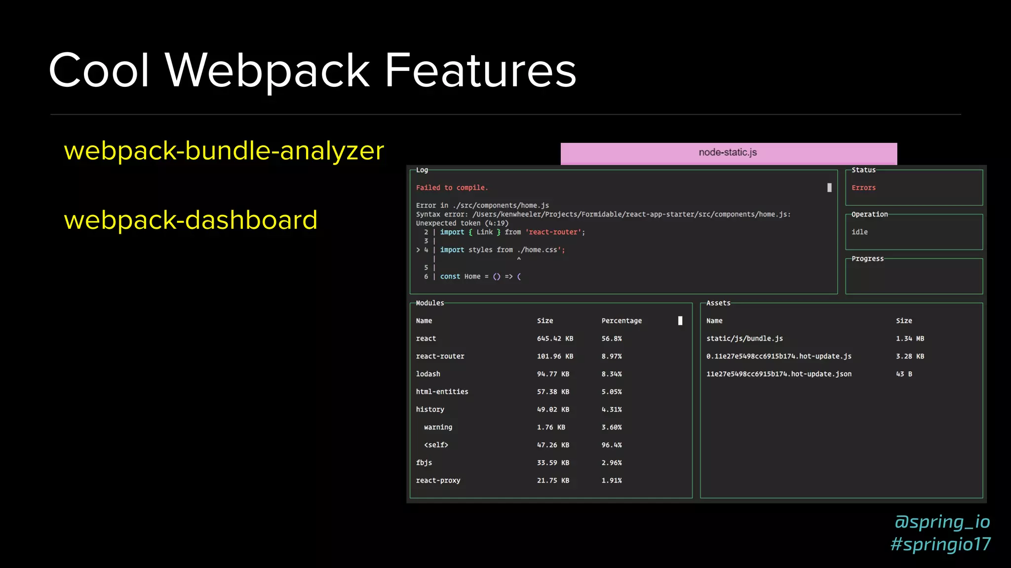 @spring_io
#springio17
Cool Webpack Features
webpack-bundle-analyzer
webpack-dashboard
 