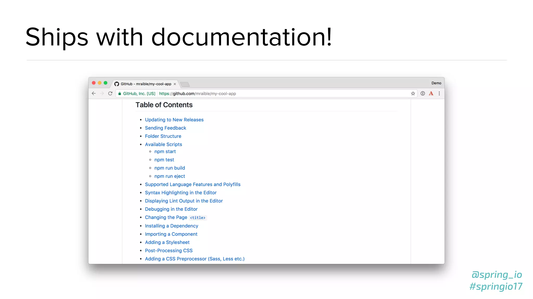 @spring_io
#springio17
@spring_io
#springio17
Ships with documentation!
 