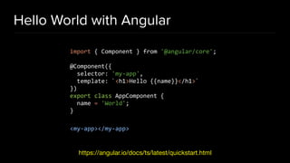 Hello World with Angular
import { Component } from '@angular/core';
@Component({
selector: 'my-app',
template: `<h1>Hello {{name}}</h1>`
})
export class AppComponent {
name = 'World';
}
<my-app></my-app>
https://angular.io/docs/ts/latest/quickstart.html
 