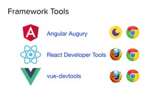 Framework Tools
Angular Augury
React Developer Tools
vue-devtools
 