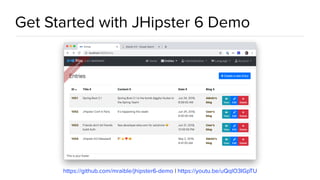 Get Started with JHipster 6 Demo
https://github.com/mraible/jhipster6-demo | https://youtu.be/uQqlO3IGpTU
 