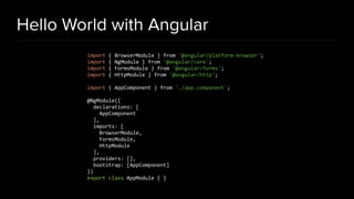 Hello World with Angular
import { BrowserModule } from '@angular/platform-browser';
import { NgModule } from '@angular/core';
import { FormsModule } from '@angular/forms';
import { HttpModule } from '@angular/http';
import { AppComponent } from './app.component';
@NgModule({
declarations: [
AppComponent
],
imports: [
BrowserModule,
FormsModule,
HttpModule
],
providers: [],
bootstrap: [AppComponent]
})
export class AppModule { }
 
