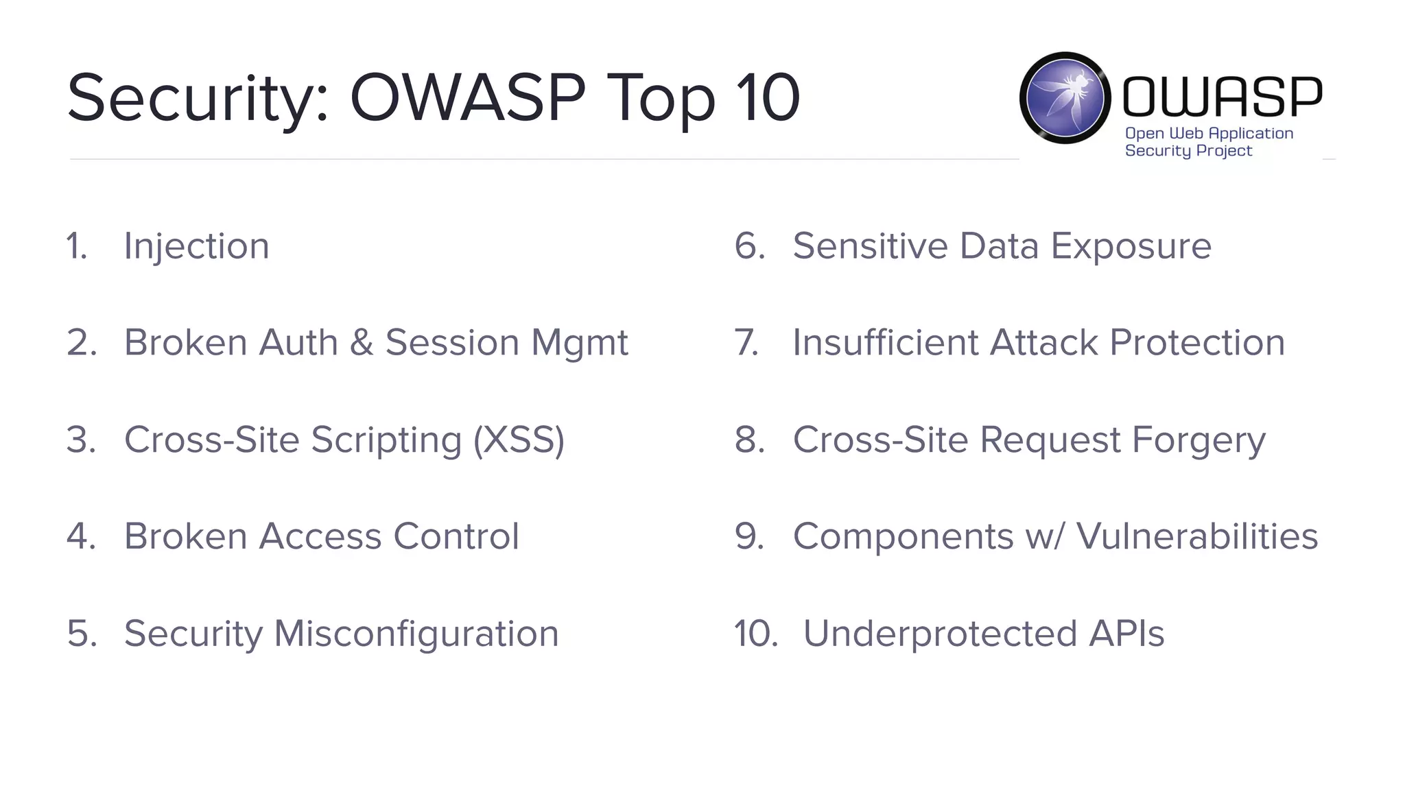 Security: OWASP Top 10 1. Injection 2. Broken Auth & Session Mgmt 3. Cross-Site Scripting (XSS) 4. Broken Access Control 5. Security Misconﬁguration 6. Sensitive Data Exposure 7. Insuﬃcient Attack Protection 8. Cross-Site Request Forgery 9. Components w/ Vulnerabilities 10. Underprotected APIs 