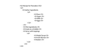 <h2>Recipe for Pancakes</h2>
<ol>
<li>Gather Ingredients
<ul>
<li>Flour</li>
<li>Sugar</li>
<li>Milk</li>
<li>Eggs</li>
</ul>
</li>
<li>Mix Ingredients</li>
<li>Cook on a Griddle</li>
<li>Serve with toppings
<ul>
<li>Maple Syrup</li>
<li>Fresh Berries</li>
<li>Butter</li>
</ul>
</li>
</ol>
 