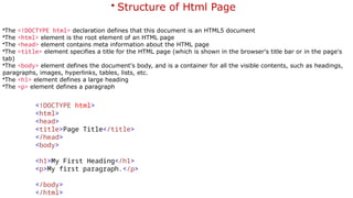 <!DOCTYPE html>
<html>
<head>
<title>Page Title</title>
</head>
<body>
<h1>My First Heading</h1>
<p>My first paragraph.</p>
</body>
</html>
• Structure of Html Page
•The <!DOCTYPE html> declaration defines that this document is an HTML5 document
•The <html> element is the root element of an HTML page
•The <head> element contains meta information about the HTML page
•The <title> element specifies a title for the HTML page (which is shown in the browser's title bar or in the page's
tab)
•The <body> element defines the document's body, and is a container for all the visible contents, such as headings,
paragraphs, images, hyperlinks, tables, lists, etc.
•The <h1> element defines a large heading
•The <p> element defines a paragraph
 