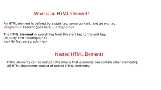 What is an HTML Element?
An HTML element is defined by a start tag, some content, and an end tag:
<tagname> Content goes here... </tagname>
The HTML element is everything from the start tag to the end tag:
<h1>My First Heading</h1>
<p>My first paragraph.</p>
Nested HTML Elements
HTML elements can be nested (this means that elements can contain other elements).
All HTML documents consist of nested HTML elements.
 
