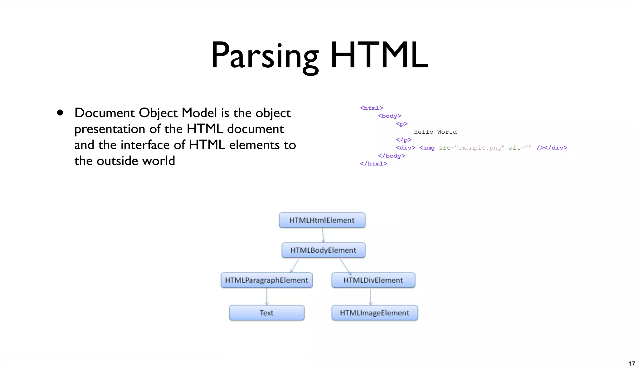 Parsing HTML
•   Document Object Model is the object
                                            <html>
                                                 <body>
                                                      <p>
    presentation of the HTML document                       Hello World
                                                      </p>
    and the interface of HTML elements to             <div> <img src="example.png" alt="" /></div>
                                                 </body>
    the outside world                       </html>




                                                                                                     17
 