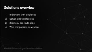 Solutions overview
1. In-browser with single-spa
2. Server-side with tailor.js
3. iFrames / per-route apps
4. Web components as wrapper
@legkoletat | Microservices in frontend: architectures and solutions
 