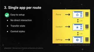 3. Single app per route
● Easy to setup
● No direct interaction
● Transfer state
● Control styles
Image from Elisabeth Engel: Break Up With Your Frontend Monolith
@legkoletat | Microservices in frontend: architectures and solutions
 