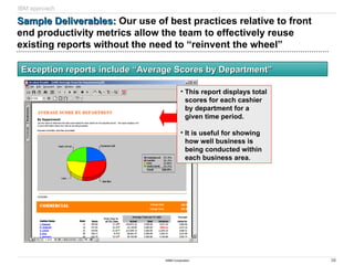 30
©IBM Corporation
Sample Deliverables:
Sample Deliverables: Our use of best practices relative to front
end productivity metrics allow the team to effectively reuse
existing reports without the need to “reinvent the wheel”
Exception reports include “Average Scores by Department”
Exception reports include “Average Scores by Department”
• This report displays total
scores for each cashier
by department for a
given time period.
• It is useful for showing
how well business is
being conducted within
each business area.
IBM approach
 