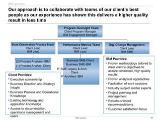 38
©IBM Corporation
Performance Metrics Team
Client Lead
IBM Lead
Org. Change Management
Client Lead
Program Oversight Team
Client Program Manager
IBM Engagement Manager
Store Observation Process Team
Client Lead
IBM Lead
(2) Process Analysts- IBM
(1) Process Analyst- Client
Business SME-Client
IT SME Legacy & Arch.
Client
Business SME-IBM
IT Architect- IBM
IBM SME
Our approach is to collaborate with teams of our client’s best
people as our experience has shown this delivers a higher quality
result in less time
Client Provides:
 Executive sponsorship
• Business Direction and Strategy
Insight
• Business Process and Operational
Knowledge
• Existing technology and
application knowledge
• Access to documentation,
operations management and
users
IBM Provides:
• Proven methodology tailored to
meet client’s objectives to
assure consistent, high quality
results
• Proven analytical approaches
• Facilitation of work sessions
• Industry subject matter experts
• Project planning and
management
• Results-oriented
recommendations
• Customer satisfaction focus
IBM approach
 