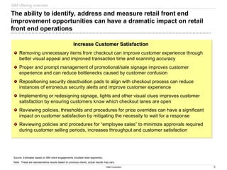 6
©IBM Corporation
The ability to identify, address and measure retail front end
improvement opportunities can have a dramatic impact on retail
front end operations
Increase Customer Satisfaction
Increase Customer Satisfaction
Removing unnecessary items from checkout can improve customer experience through
better visual appeal and improved transaction time and scanning accuracy
Proper and prompt management of promotional/sale signage improves customer
experience and can reduce bottlenecks caused by customer confusion
Repositioning security deactivation pads to align with checkout process can reduce
instances of erroneous security alerts and improve customer experience
Implementing or redesigning signage, lights and other visual clues improves customer
satisfaction by ensuring customers know which checkout lanes are open
Reviewing policies, thresholds and procedures for price overrides can have a significant
impact on customer satisfaction by mitigating the necessity to wait for a response
Reviewing policies and procedures for “employee sales” to minimize approvals required
during customer selling periods, increases throughput and customer satisfaction
Source: Estimates based on IBM client engagements (multiple retail segments).
Note: These are representative results based on previous clients; actual results may vary.
IBM offering overview
 