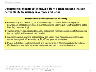 8
©IBM Corporation
Downstream impacts of improving front end operations include
better ability to manage inventory and labor
Improve Inventory Security and Accuracy
Improve Inventory Security and Accuracy
Implementing and monitoring consistent checkout processes minimizes negative
downstream effects on inventory (I.e., more accurate scanning at POS translates to better
inventory decrementing)
Training employees on product lines and assortment minimizes instances of shrink due to
inappropriate identification of merchandise
Assigning cashier cash / till accountability and use of video / surveillance systems can
reduce employee theft (estimated at $1,023 per year per employee)
Proper installation, use (procedures), and maintenance of Electronic Article Surveillance
(EAS) systems can reduce cashier “sweethearting” and consumer shoplifting.
IBM offering overview
Sources: Penn Sate University white paper; estimates based on IBM client engagements (multiple retail segments).
Note: These are representative results based on previous clients; actual results may vary.
 