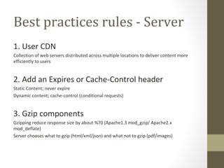 Best practices rules - Server <ul><li>1. User CDN </li></ul><ul><li>Collection of web servers distributed across multiple ...