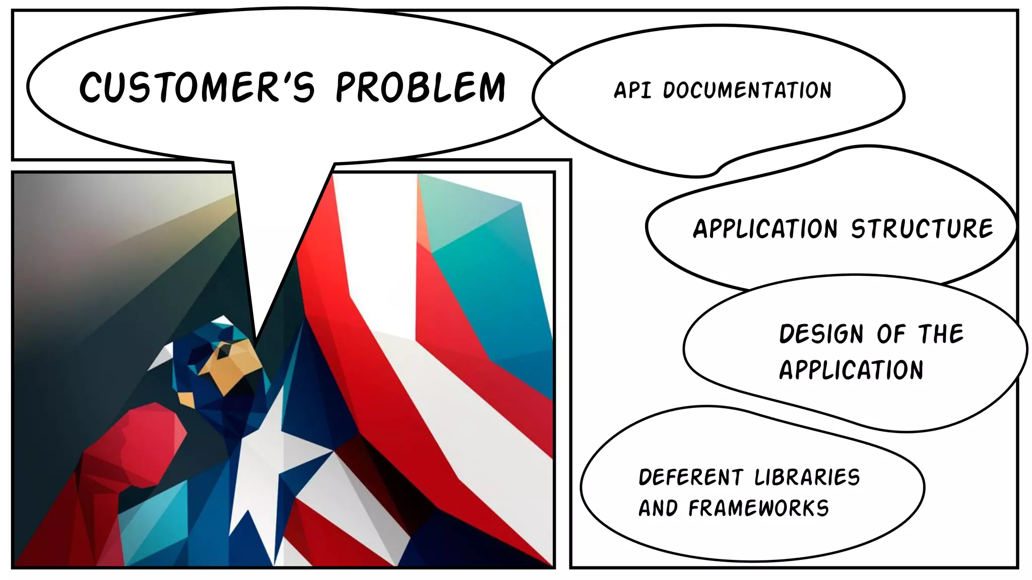 Application structure
Design of the
application
Deferent libraries
and frameworks
Customer’s problem API documentation