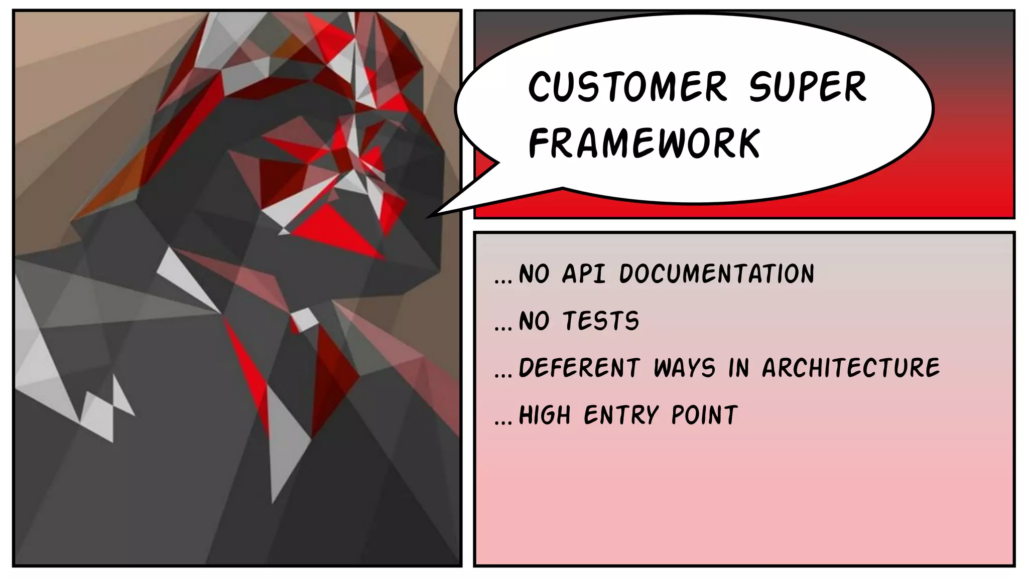 • Backbone
Customer Super
Framework
…No API documentation
…No tests
…Deferent ways in architecture
…High entry point