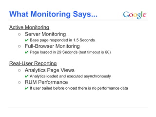 What Monitoring Says...
Active Monitoring
    ○ Server Monitoring
      ✔ Base page responded in 1.5 Seconds
   ○ Full-Browser Monitoring
      ✔ Page loaded in 29 Seconds (test timeout is 60)


Real-User Reporting
   ○ Analytics Page Views
      ✔ Analytics loaded and executed asynchronously
   ○ RUM Performance
      ✔ If user bailed before onload there is no performance data




                                                             Google Confidential and Proprietary
 