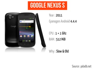 Google Nexus S
Year : 2011
Cyanogen Android 4.4.4
CPU : 1 × 1 GHz
RAM : 512 MiB
Why : Slow & Old
Source : pdadb.net
 