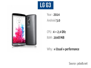 LG G3
Year : 2014
Android 5.0
CPU : 4 × 2,4 GHz
RAM : 2048 MiB
Why : « Usual » performance
Source : pdadb.net
 