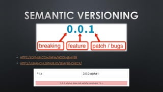 • HTTPS://GITHUB.COM/NPM/NODE-SEMVER
• HTTP://JUBIANCHI.GITHUB.IO/SEMVER-CHECK/
 