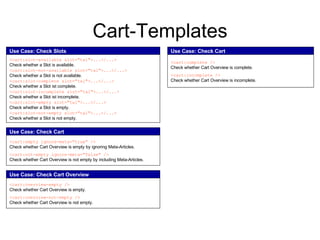Cart-Templates Use Case:   Check Slots <cart:slot-available slot="tal">...</...> Check whether a Slot is available. <cart:slot-not-available slot="tal">...</...> Check whether a Slot is not available. <cart:slot-complete slot="tal">...</...> Check whether a Slot ist complete. <cart:slot-incomplete slot="tal">...</...> Check whether a Slot ist incomplete. <cart:slot-empty slot="tal">...</...> Check whether a Slot is empty. <cart:slot-not-empty slot="tal">...</...> Check whether a Slot is not empty. Use Case: Check Cart Overview <cart:overview-empty /> Check whether Cart Overview is empty. <cart:overview-not-empty /> Check whether Cart Overview is not empty. Use Case: Check Cart <cart:complete /> Check whether Cart Overview is complete. <cart:incomplete /> Check whether Cart Overview is incomplete. Use Case: Check Cart <cart:empty ignore-meta="true" /> Check whether Cart Overview is empty by ignoring Meta-Articles. <cart:not-empty   ignore-meta="false" /> Check whether Cart Overview is not empty by including Meta-Articles. 