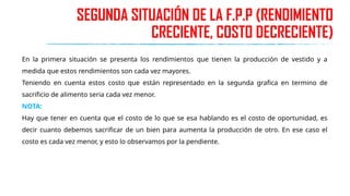 SEGUNDA SITUACIÓN DE LA F.P.P (RENDIMIENTO
CRECIENTE, COSTO DECRECIENTE)
En la primera situación se presenta los rendimientos que tienen la producción de vestido y a
medida que estos rendimientos son cada vez mayores.
Teniendo en cuenta estos costo que están representado en la segunda grafica en termino de
sacrificio de alimento seria cada vez menor.
NOTA:
Hay que tener en cuenta que el costo de lo que se esa hablando es el costo de oportunidad, es
decir cuanto debemos sacrificar de un bien para aumenta la producción de otro. En ese caso el
costo es cada vez menor, y esto lo observamos por la pendiente.
 
