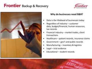 Why do businesses need B&R?

•   Data is the lifeblood of businesses today
•   Regardless of industry – customer
    data, budget/financial, human resources,
    tax records
•   Financial industry – market trades, client
    transactions
•   Healthcare – patient records, insurance claims
•   Government – gov’t and public records
•   Manufacturing – inventory & logistics
•   Legal – trial evidence
•   Educational – student records
 