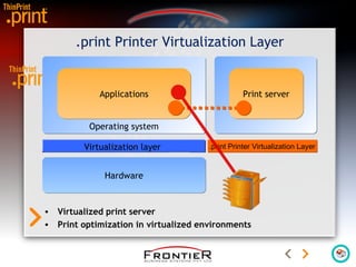 .print Printer Virtualization Layer
Virtualization layer .print Printer Virtualization Layer.print Printer Virtualization Layer
ApplicationsApplications
Operating system
HardwareHardware
Print serverPrint server
• Virtualized print server
• Print optimization in virtualized environments
Virtualization layer
 