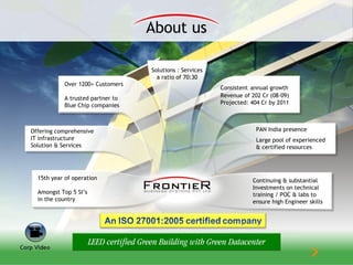 About us
Over 1200+ Customers
A trusted partner to
Blue Chip companies
Solutions : Services
a ratio of 70:30
Consistent annual growth
Revenue of 202 Cr (08-09)
Projected: 404 Cr by 2011
Continuing & substantial
Investments on technical
training / POC & labs to
ensure high Engineer skills
Offering comprehensive
IT infrastructure
Solution & Services
15th year of operation
Amongst Top 5 SI’s
in the country
Large pool of experienced
& certified resources
PAN India presence
 