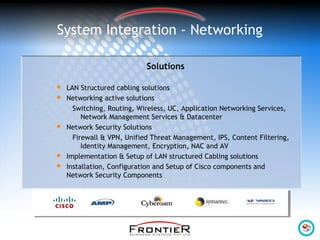 System Integration - Networking
Solutions
 LAN Structured cabling solutions
 Networking active solutions
Switching, Routing, Wireless, UC, Application Networking Services,
Network Management Services & Datacenter
 Network Security Solutions
Firewall & VPN, Unified Threat Management, IPS, Content Filtering,
Identity Management, Encryption, NAC and AV
 Implementation & Setup of LAN structured Cabling solutions
 Installation, Configuration and Setup of Cisco components and
Network Security Components
 