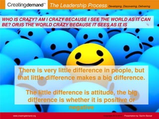 There is very little difference in people, but
that little difference makes a big difference.
The little difference is attitude, the big
difference is whether it is positive or
negative
WHO IS CRAZY? AM I CRAZY BECAUSE I SEE THE WORLD AS IT CAN
BE? OR IS THE WORLD CRAZY BECAUSE IT SEES AS IT IS
www.creatingdemand.org
The Leadership Process Developing, Discovering, Delivering
Copyright 2013-2014 Presentation by: Sachin Bansal
 