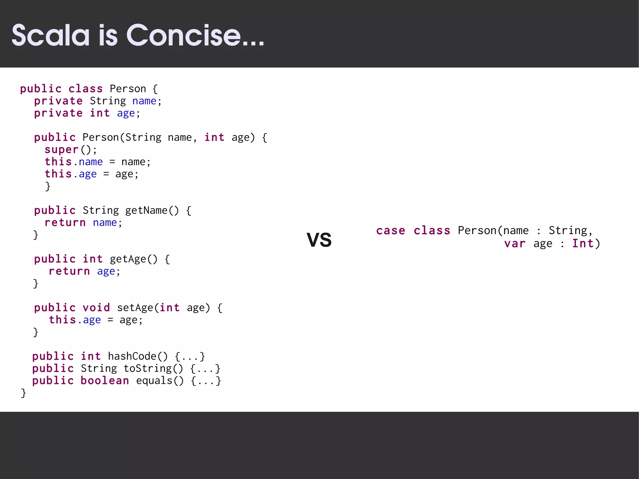 Scala is Concise...
public class Person {
  private String name;
  private int age;

    public Person(String name, int age) {
     super();
     this.name = name;
     this.age = age;
     }

    public String getName() {
      return name;
    }                                            case class Person(name : String,
                                            VS                     var age : Int)
    public int getAge() {
      return age;
    }

    public void setAge(int age) {
      this.age = age;
    }

    public int hashCode() {...}
    public String toString() {...}
    public boolean equals() {...}
}
 