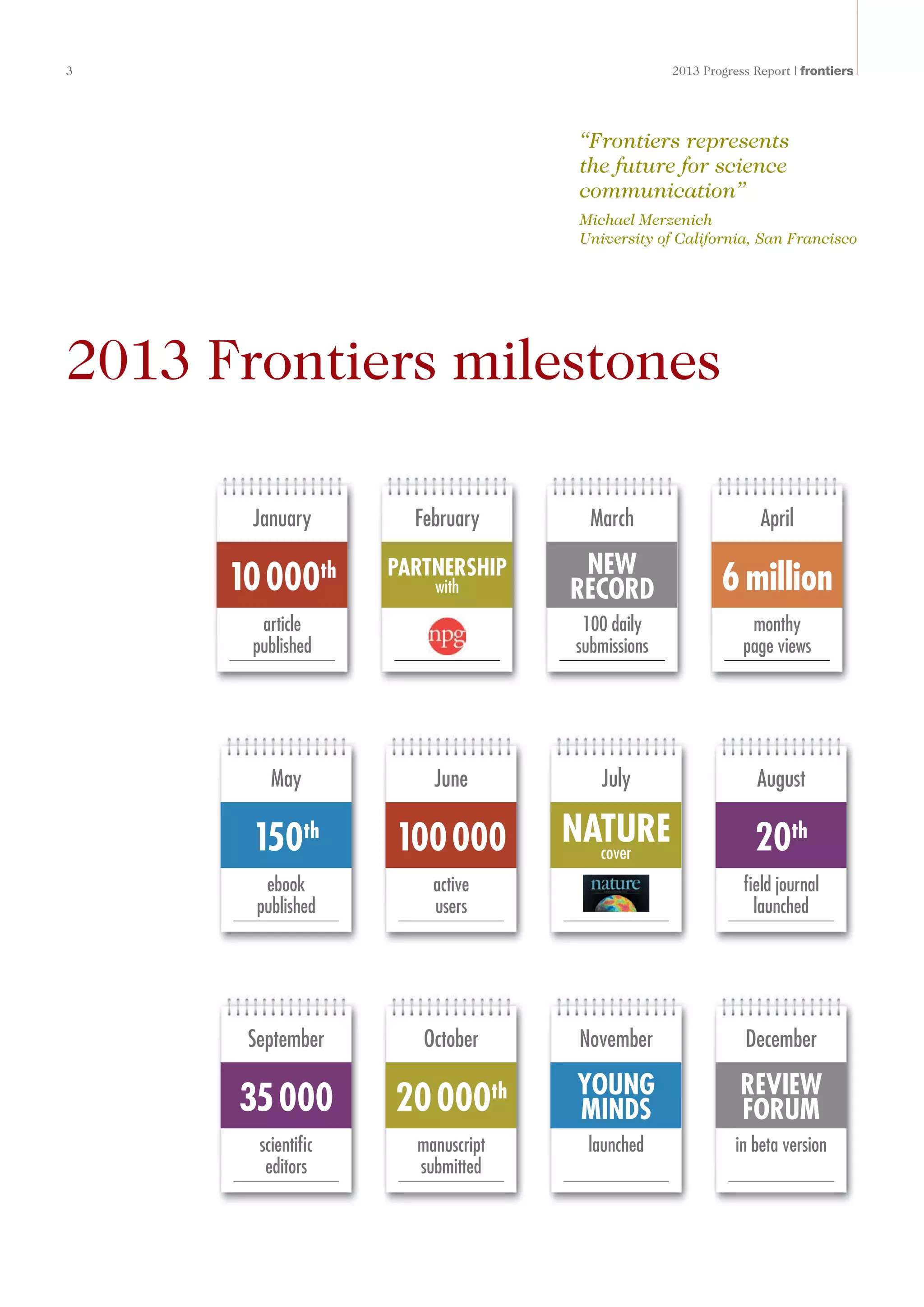 3	 2013 Progress Report | frontiers
2013 Frontiers milestones
“Frontiers represents
the future for science
communication”
Michael Merzenich
University of California, San Francisco
May June July August
ebook
published
active
users
field journal
launched
150th
100 000 20th
cover
NATURE
September October November December
scientific
editors
manuscript
submitted
launched in beta version
35 000 20 000th YOUNG
MINDS
REVIEW
FORUM
January February March April
article
published
100 daily
submissions
monthy
page views
with
PARTNERSHIP NEW
RECORD 6 million10 000th
 