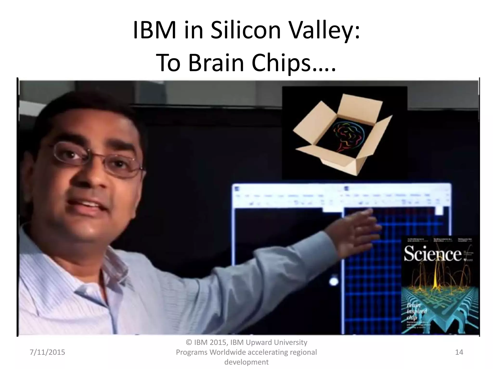 IBM in Silicon Valley:
To Brain Chips….
7/11/2015
© IBM 2015, IBM Upward University
Programs Worldwide accelerating regional
development
14
 