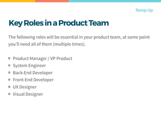 KeyRolesinaProductTeam
The following roles will be essential in your product team, at some point
you’ll need all of them (multiple times).
Product Manager / VP Product
System Engineer
Back-End Developer
Front-End Developer
UX Designer
Visual Designer
Ramp-Up
 