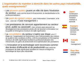 L’organisation du maintien à domicile dans les autres pays industrialisés, quels enseignements? Les  pouvoirs publics  jouent un rôle clé dans l’évolution du secteur,  avec comme levier le financement, la standardisation et la professionnalisation Un  point de contact unique ,  pour l’information, l’orientation, et le suivi,  voire de  « Case management » Les prestataires de services appartiennent au secteur privé, public ou associatif,  mais certains pays poussent au développement des prestataires privés afin de favoriser à l’émulation sur la qualité et l’émergence d’acteurs de taille significative  La  consolidation  du secteur s’opère par étape  une 1 ère  étape est  l’organisation du financement, puis l’harmonisation des critères de qualité et des conditions d’offres, enfin la consolidation et l’émergence d’acteurs de taille significative facilitant la professionnalisation des intervenants, les gains de productivité et la sophistication des prestations L’innovation et la technologie sont reconnues comme des leviers d’efficacité et de productivité  mais seuls les prestataires de taille significative semblent en mesure d’intégrer la technologie de façon plus industrielle DigiWorld Summit 2011 e-Health 3rd seminar - NFR Japon   Certification prestataires Incitation maintien à domicile Espagne   Catalogue standard de services Imserso   Pays Bas   Cinq grands acteurs  Canada   Case management   