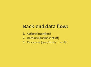 Back-end data flow:
1. Action (intention)
2. Domain (business stuff)
3. Response (json/html/ ... xml?)
 