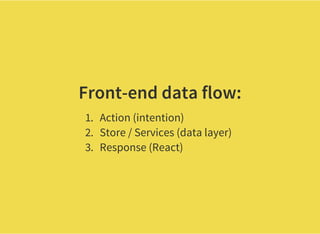 Front-end data flow:
1. Action (intention)
2. Store / Services (data layer)
3. Response (React)
 