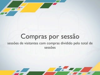 Compras por sessão
sessões de visitantes com compras dividido pelo total de
                         sessões
 