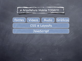 Arquitetura Mobile TODAY!!!


Fontes   Videos        Audio   Gráﬁcos
          CSS e Layouts
            JavaScript




                  11
 