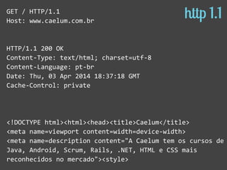 GET  /  HTTP/1.1  
Host:  www.caelum.com.br  
HTTP/1.1  200  OK  
Content-­‐Type:  text/html;  charset=utf-­‐8  
Content-­‐Language:  pt-­‐br  
Date:  Thu,  03  Apr  2014  18:37:18  GMT  
Cache-­‐Control:  private  
<!DOCTYPE  html><html><head><title>Caelum</title>  
<meta  name=viewport  content=width=device-­‐width>  
<meta  name=description  content="A  Caelum  tem  os  cursos  de  
Java,  Android,  Scrum,  Rails,  .NET,  HTML  e  CSS  mais  
reconhecidos  no  mercado"><style>
http 1.1
 
