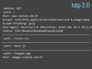 :method:  GET  
:path:  /  
Host:  www.caelum.com.br  
Accept:  text/html,application/xhtml+xml;q=0.9,image/jpeg  
Accept-­‐Encoding:  gzip  
User-­‐Agent:  Mozilla/5.0  (Macintosh;  Intel  Mac  OS  X  10_9_2)
Cookie:  SID=786dads78asdbad876asdhjvb28  
:path:  /style.css  
:path:  /main.js  
:path:  /imagem.jpg  
Host:  images.caelum.com.br  
http 2.0
 