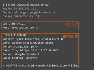 REQUEST
RESPONSE
$  telnet  www.caelum.com.br  80  
Trying  64.233.171.121...  
Connected  to  ghs.googlehosted.com.  
Escape  character  is  '^]'.  
GET  /  HTTP/1.1  
Host:  www.caelum.com.br  
HTTP/1.1  200  OK  
Content-­‐Type:  text/html;  charset=utf-­‐8  
Vary:  Accept-­‐Encoding,User-­‐Agent  
Content-­‐Language:  pt-­‐br  
Date:  Thu,  03  Apr  2014  18:37:18  GMT  
Server:  Google  Frontend  
Cache-­‐Control:  private  
<!DOCTYPE  html><html><head><title>Caelum</title>
 