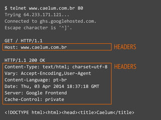 HEADERS
HEADERS
$  telnet  www.caelum.com.br  80  
Trying  64.233.171.121...  
Connected  to  ghs.googlehosted.com.  
Escape  character  is  '^]'.  
GET  /  HTTP/1.1  
Host:  www.caelum.com.br  
HTTP/1.1  200  OK  
Content-­‐Type:  text/html;  charset=utf-­‐8  
Vary:  Accept-­‐Encoding,User-­‐Agent  
Content-­‐Language:  pt-­‐br  
Date:  Thu,  03  Apr  2014  18:37:18  GMT  
Server:  Google  Frontend  
Cache-­‐Control:  private  
<!DOCTYPE  html><html><head><title>Caelum</title>
 
